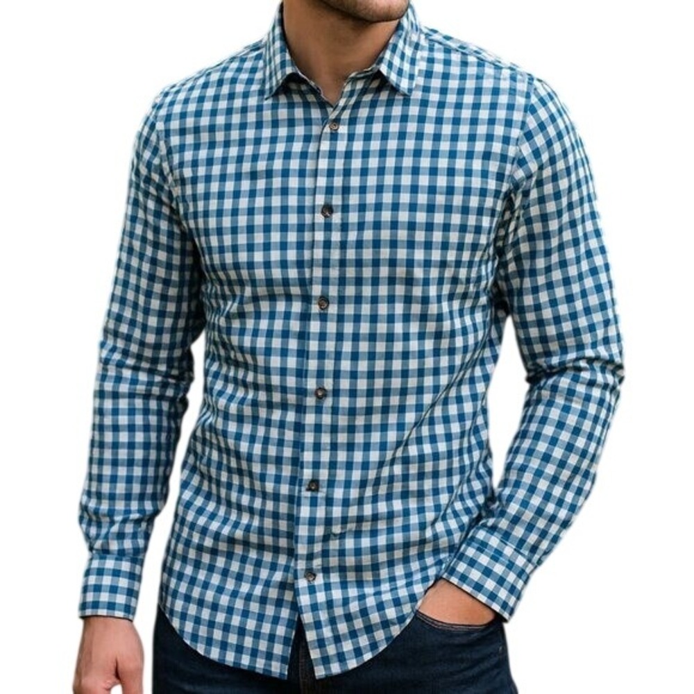 Plaid Slim Fit Button Up Shirt Blue Men's M 15 15.5 J Ferrar Casual